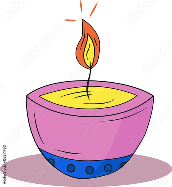 Fototapeta Lit candle is glowing in pink and blue decorative bowl with yellow wax, transparent background