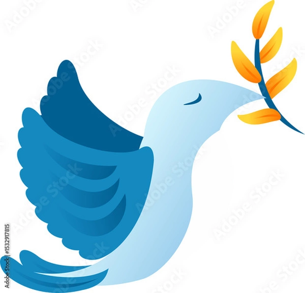 Obraz Stylized blue bird is carrying golden leaf branch in flat gradient style on transparent background