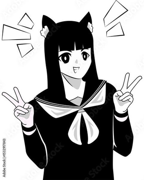 Obraz Flat anime girl is making peace signs in sailor-uniform with cat ears, comic shapes, transparent bg