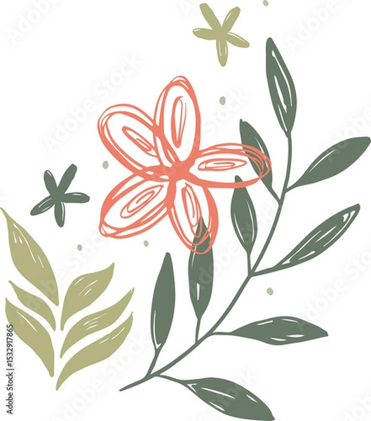 Fototapeta Floral sketch is showing coral flower, olive branches, green blooms, dots on transparent background