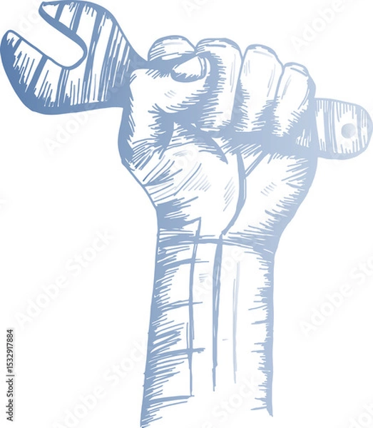 Fototapeta Blue line art showing raised forearm gripping adjustable wrench shading on transparent background