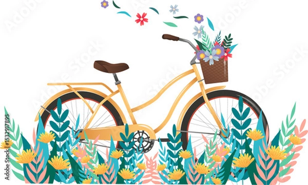 Obraz Pastel yellow bicycle showing brown saddle grips, wicker basket of blooms, transparent background