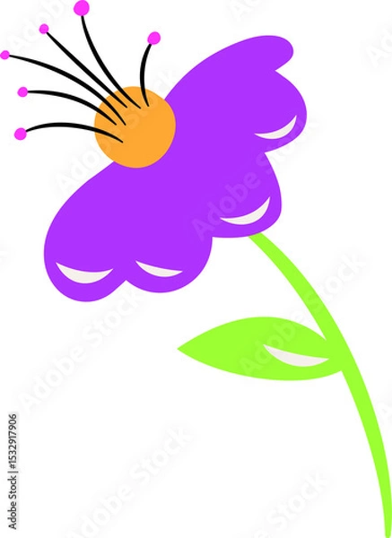 Obraz Flat purple flower is showing petals, orange disc and green leaf, transparent background copy space