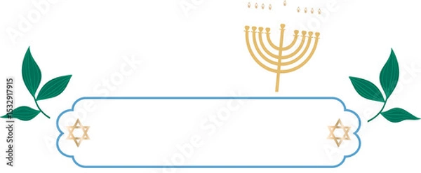 Fototapeta Flat label is showing gold menorah, candles, stars and sprigs on transparent background, copy space