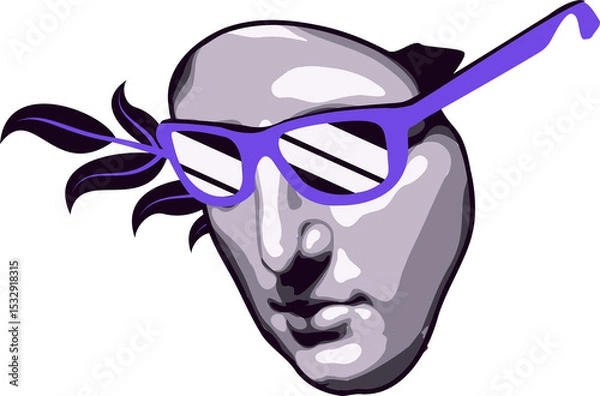 Obraz showing gray sculpture head wearing purple shades with purple ribbon on transparent bg, copy space