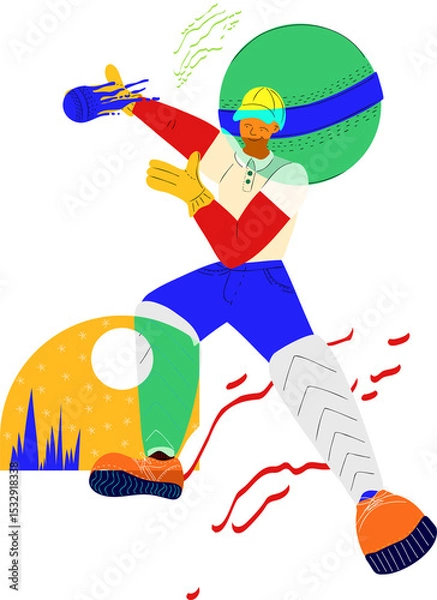 Obraz Vector athlete is swinging blue bat with yellow cap and shapes on transparent background
