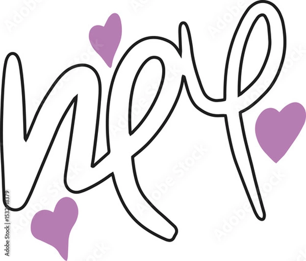 Obraz Stylized cursive lettering floating on transparent canvas, featuring black script with lilac hearts