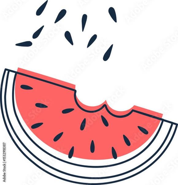 Fototapeta Half watermelon with bite is floating with scattered seeds in flat style on transparent background