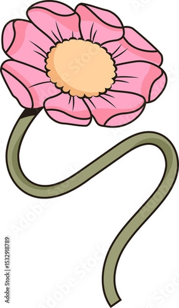 Fototapeta Cartoon flower showing pink petals, winding green stem and yellow center on transparent background