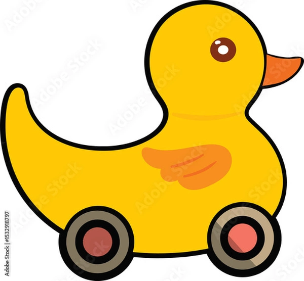 Fototapeta Clip-art style yellow duck toy is being shown on transparent background, with four circular wheels
