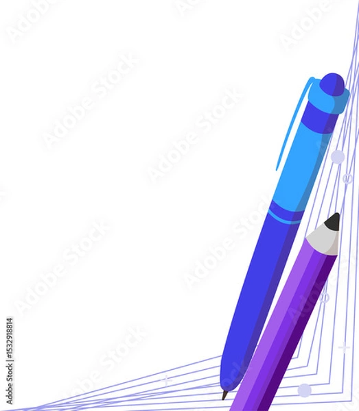 Fototapeta Flat design is showing blue pen and purple pencil with digital elements on transparent backdrop