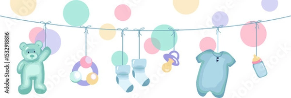 Obraz Displaying string-hung pastel baby accessories with floating circles, flat transparent background