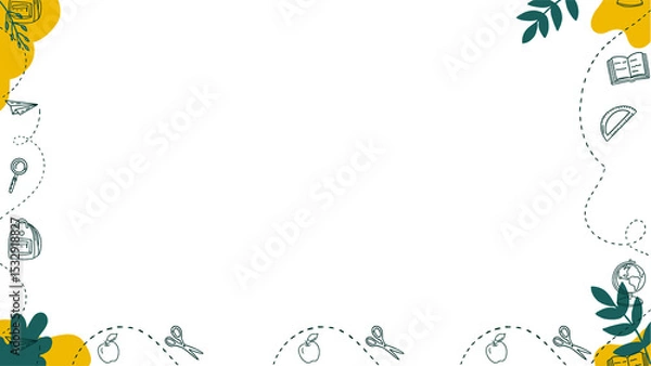 Fototapeta School border is showing flat doodles of apple book globe pencil on transparent bg, copy space