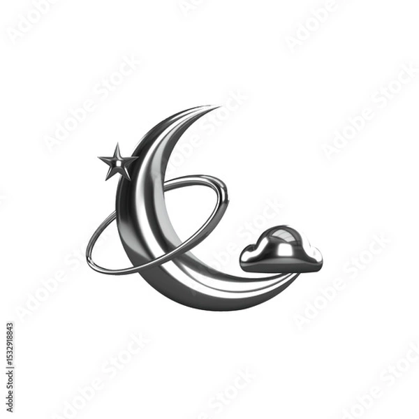 Obraz Stylized metallic crescent moon is floating in 3D with orbit ring, star, cloud on clear background