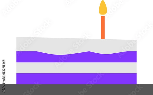 Fototapeta Rectangular layered cake is being shown in flat design with lit candle on transparent background