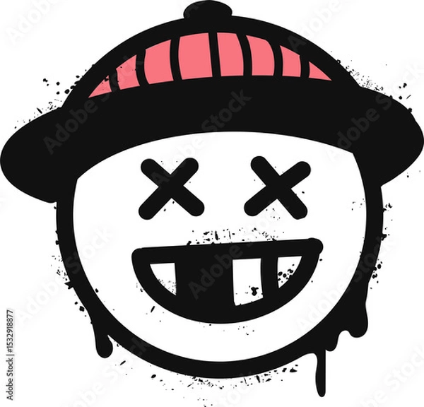 Obraz Dripping smiley is wearing striped beanie with X eyes in street art style, transparent background