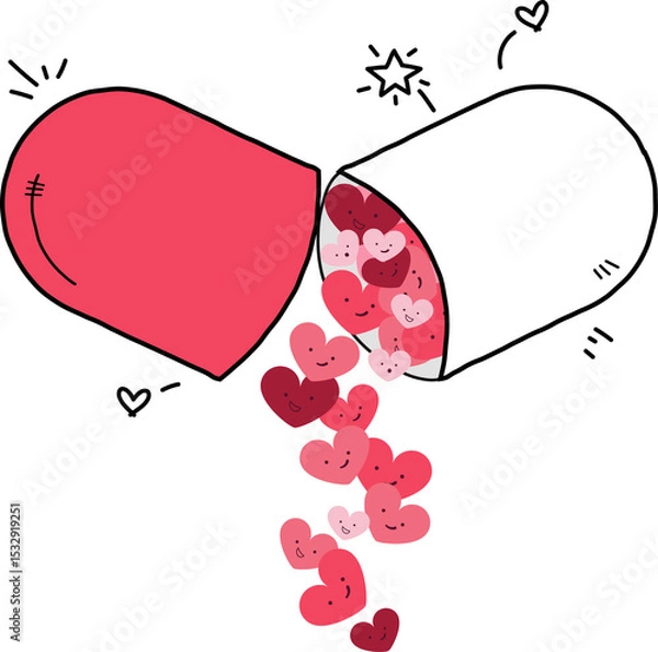 Obraz Pill capsule is releasing smiling hearts in stylized flat illustration, transparent background