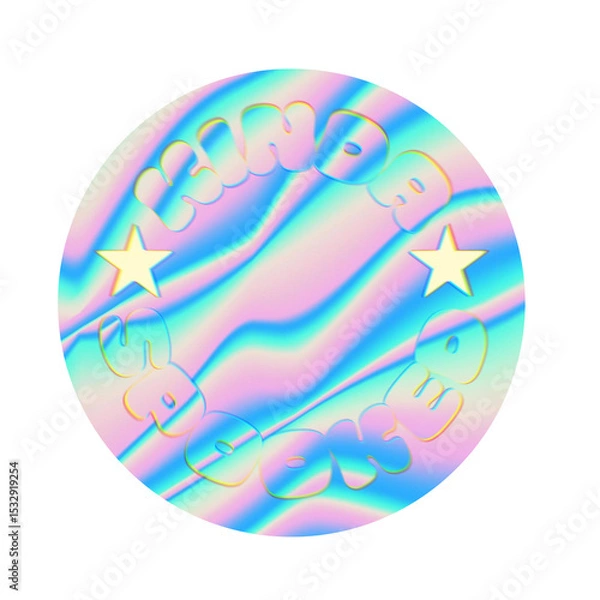 Fototapeta Flat holographic badge is glowing on clear backdrop with swirl embossed FUTURE EMOJI and gold stars