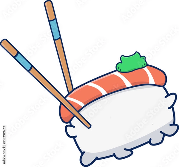 Obraz Flat design chopsticks are holding salmon nigiri, showing rice and wasabi on transparent background