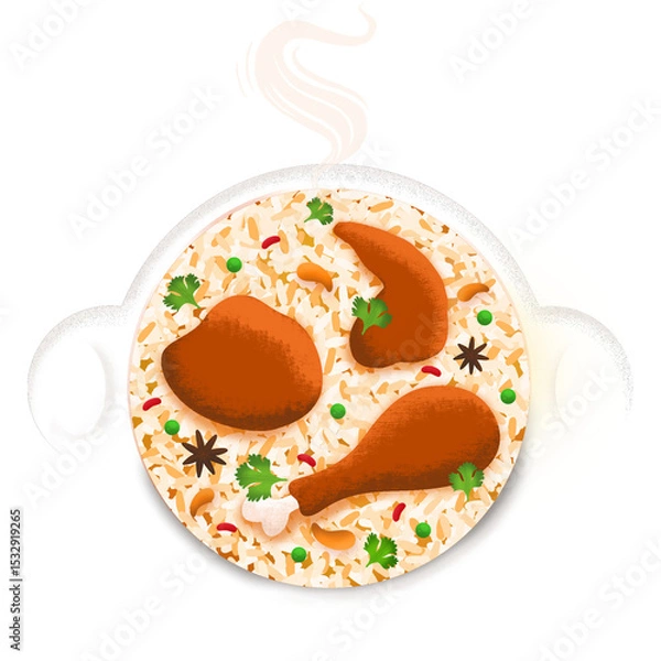 Fototapeta Pot of rice with chicken, garnishes, steam is showing top-down flat design transparent background