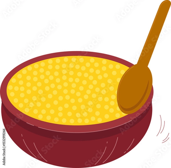 Obraz Red bowl is holding yellow grains with wooden spoon on transparent background in flat illustration