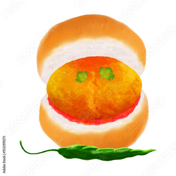 Fototapeta Burger is showing buns, patty, red sauce, chili pepper in flat design with transparent background