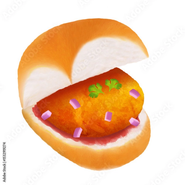Fototapeta Flat-design vada pav is floating on transparent bg showing bun, patty, chutney, onion coriander