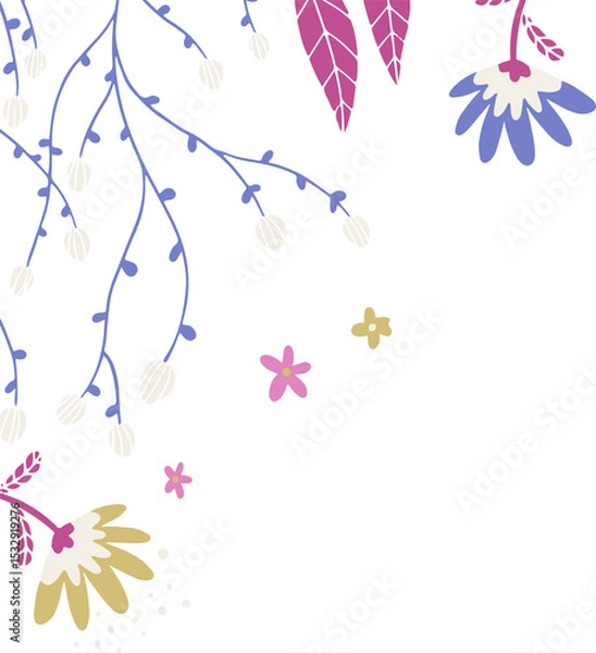 Fototapeta Floral flat design is decorating transparent background showing violet branches, daisy blooms