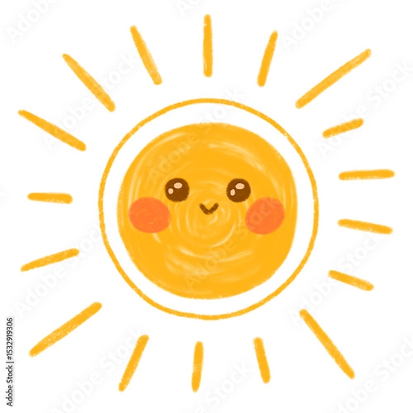 Obraz Stylized cartoon sun smiling with rosy cheeks, radiating rays on transparent background, copy space