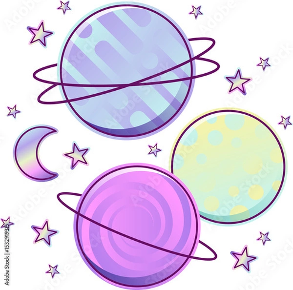 Fototapeta Flat design showing three floating pastel planets with rings, moon, stars on transparent background