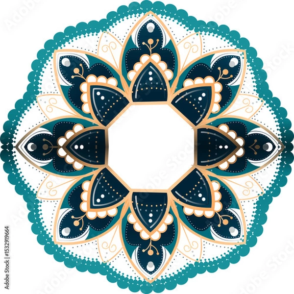 Obraz Flat mandala ornament is showing on transparent background, with teal, navy petals, gold outlines