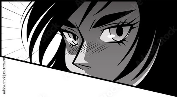 Fototapeta Stylized anime female face showing stark b and w comic frame with diagonal border on clear bg