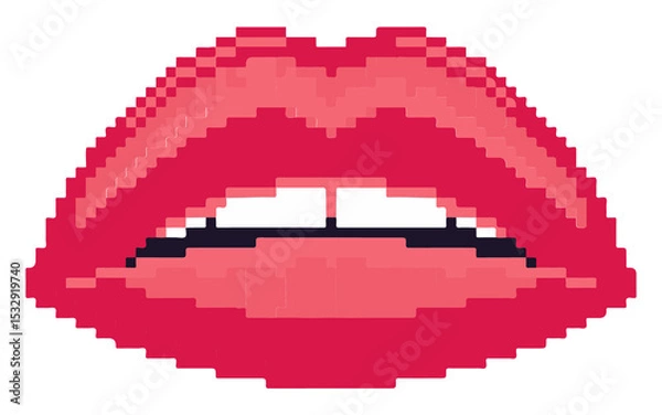 Fototapeta Showing pixel art lips in red pink exposing teeth with blocky pixels on transparent bg