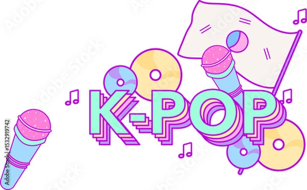 Fototapeta Floating vector is showing 3D K-POP text with microphones, CDs, flag and notes on transparent bg
