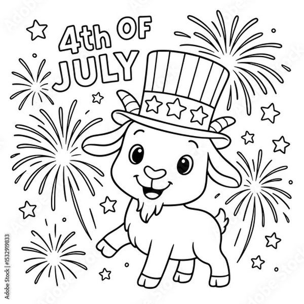 Fototapeta A charming illustration of a patriotic goat character, celebrating Independence Day with fireworks and festive details, offering a delightful visual. Coloring Page