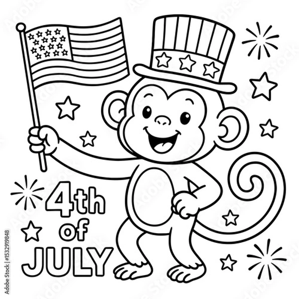 Fototapeta A patriotic monkey, dressed in a celebratory hat, waves the American flag with spirited enthusiasm in the image. Celebrating the 4th of July. Coloring Page