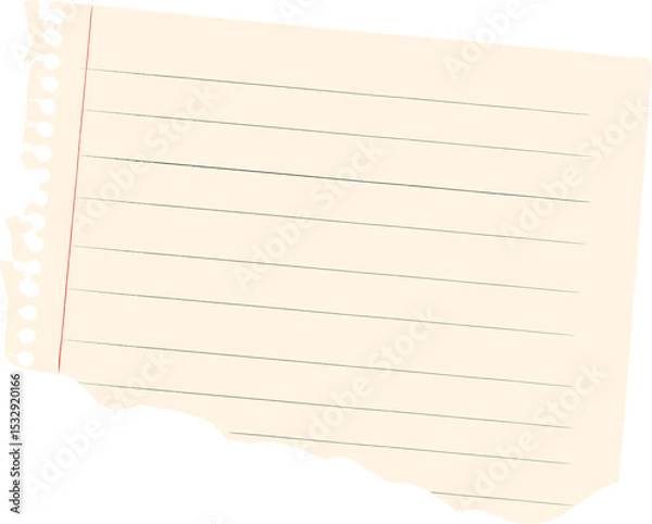 Fototapeta Torn ruled paper is floating in flat design on transparent background with red margin, spiral holes