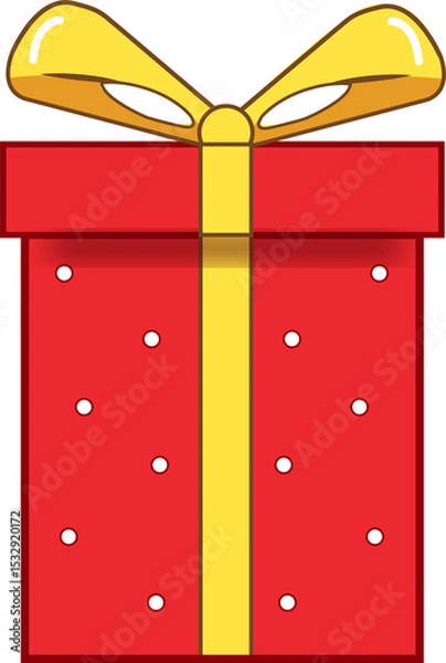 Fototapeta Flat design red gift box is floating on transparent background, with white dots and yellow bow