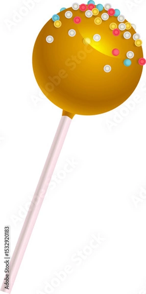 Obraz Flat illustration is featuring gold lollipop with pink stick and sprinkles on transparent field