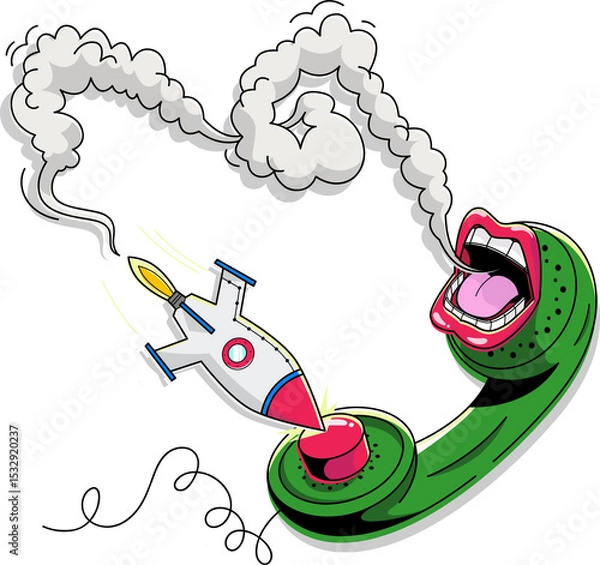 Obraz Rocket is crashing red phone button, lips blowing smoke in surreal design on transparent background