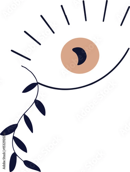 Fototapeta Floating minimalist eye on transparent backdrop radiating lines beige iris navy pupil, curling vine