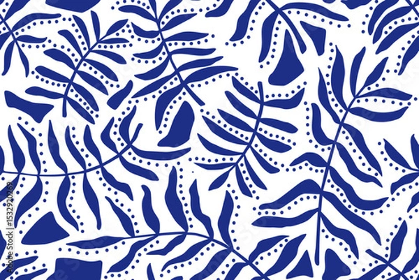 Fototapeta Hand drawn leaves and branches, circles and random geometric shapes, seamless pattern. Tropical abstract plants, botanical background. Summer design pattern. blue ink on white background
