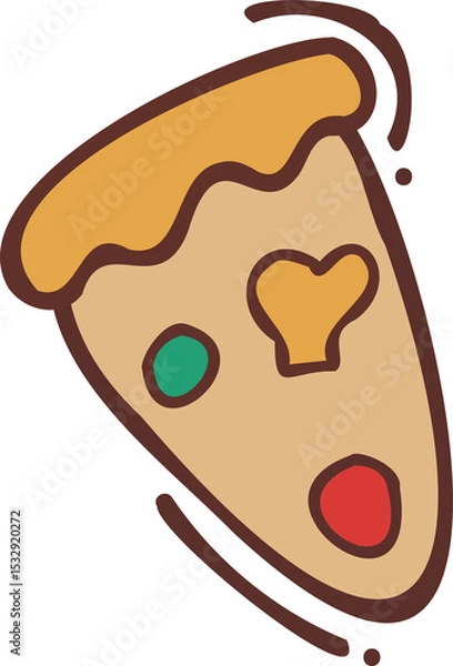 Obraz Pizza slice is moving in flat style with pepperoni, green pepper, heart cheese, transparent bg