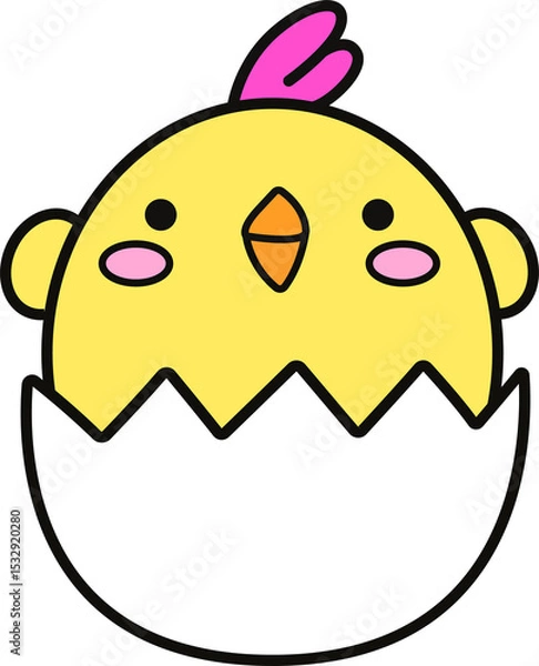 Fototapeta Cartoon baby chick is emerging from cracked white eggshell in flat design, transparent background