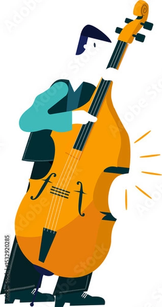 Obraz Male musician is playing orange-yellow double bass in flat design, transparent background
