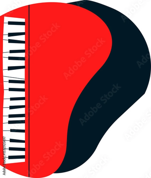Fototapeta Vector showing top-down red piano outline with white black keys, navy shadow on clear backdrop
