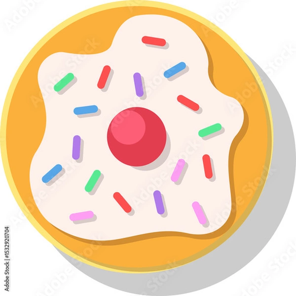 Obraz Flat-design donut is hovering on transparent backdrop with icing, sprinkles, red cherry, copy space