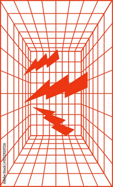 Obraz Floating stylized lightning bolts are gliding through 3D wireframe tunnel, transparent background