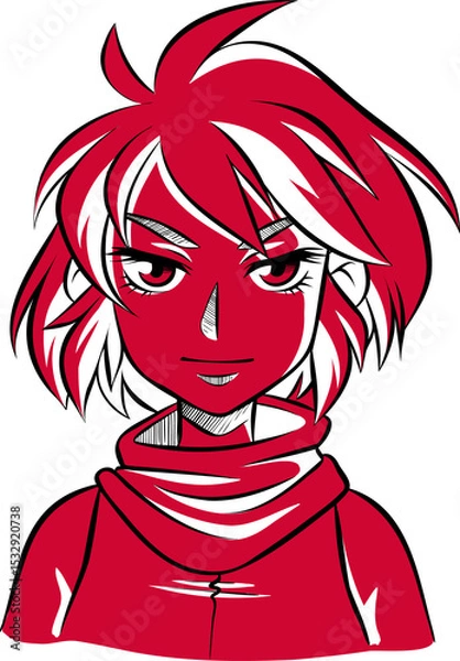 Fototapeta Anime-style bust is being shown on transparent canvas, wearing high-collar jacket and wrapped scarf