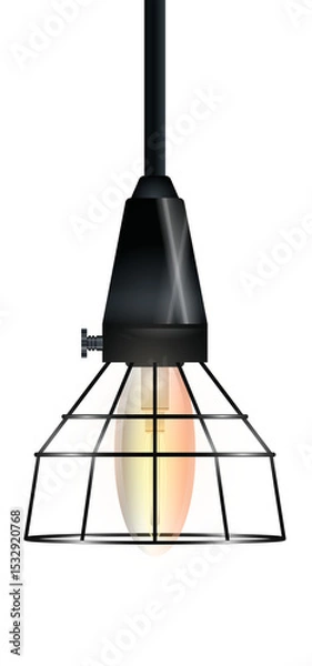 Obraz Industrial lamp is hanging on transparent background, casting amber glow from caged filament bulb
